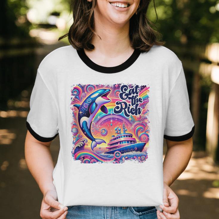 EAT THE RICH 90S NOSTALGIA WHALE ORCA YAHCT RETRO Unisex Cotton Ringer T-Shirt