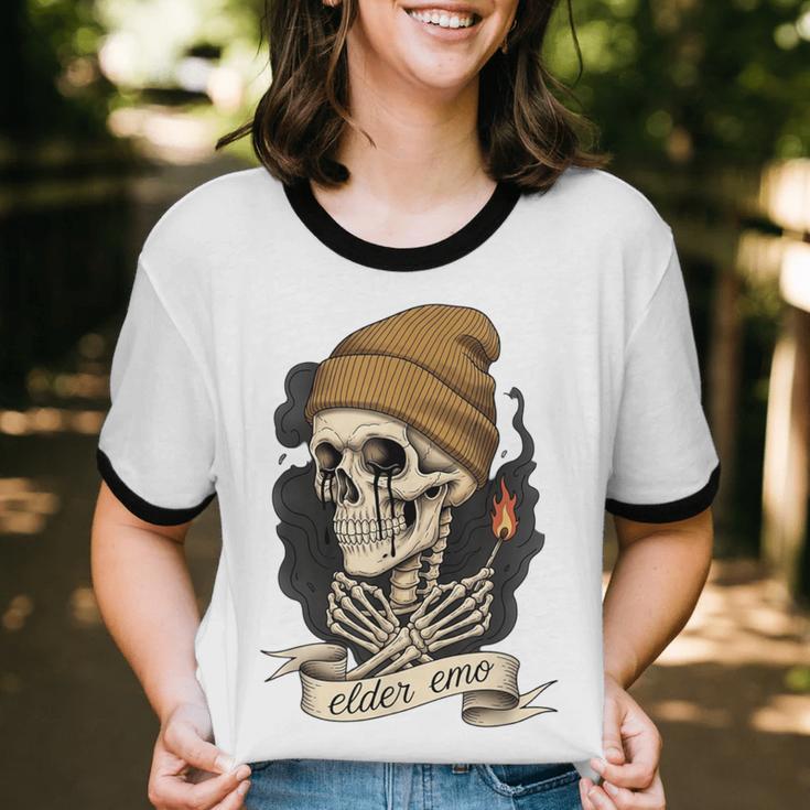 Elder Emo Skeleton Beanie Nostalgia Scene Aesthetic Unisex Cotton Ringer T-Shirt Elder Emo Skeleton Beanie Nostalgia Scene Aesthetic Unisex Cotton Ringer T-Shirt