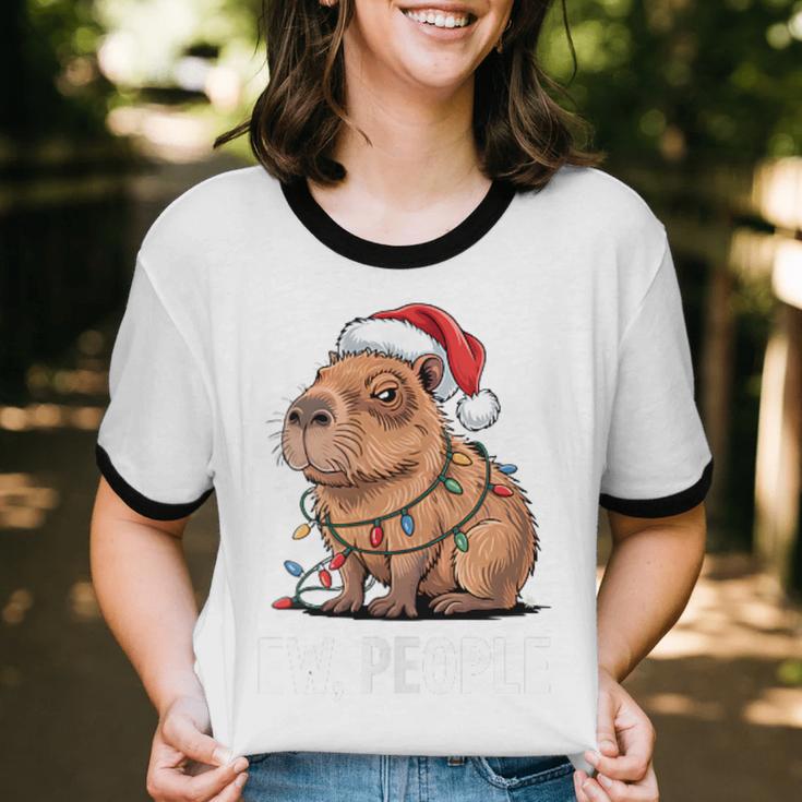 Ew People Capybara Christmas Lights Introvert Humor Unisex Cotton Ringer T-Shirt Ew People Capybara Christmas Lights Introvert Humor Unisex Cotton Ringer T-Shirt