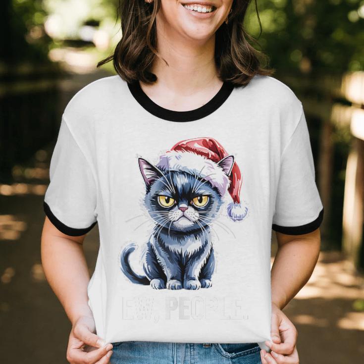 Ew People Christmas Cat Santa Hat Dad Introvert Unisex Cotton Ringer T-Shirt