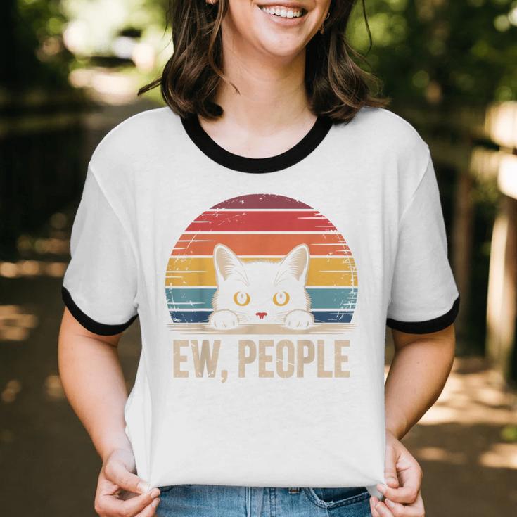Ew People Retro Vintage Anti Social Cat Introvert Unisex Cotton Ringer T-Shirt