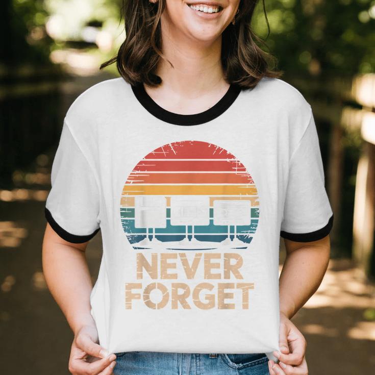 Floppy VHS Cassette Never Forget Retro 80s 90s Nostalgia Unisex Cotton Ringer T-Shirt