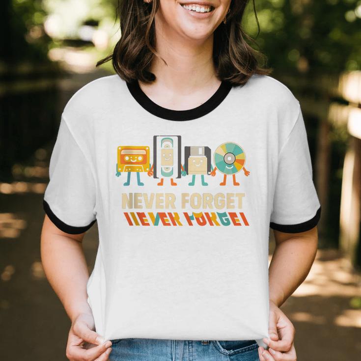 Never Forget Retro Cassette VHS Floppy CD Nostalgia Humor Unisex Cotton Ringer T-Shirt Never Forget Retro Cassette VHS Floppy CD Nostalgia Humor Unisex Cotton Ringer T-Shirt
