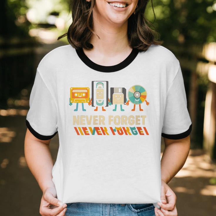 Never Forget Retro Cassette VHS Floppy CD Nostalgia Humor Unisex Cotton Ringer T-Shirt