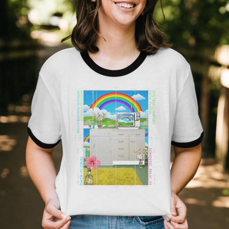 Frutiger Aero Aesthetic Rainbow Glitch Art Unisex Cotton Ringer T-Shirt
