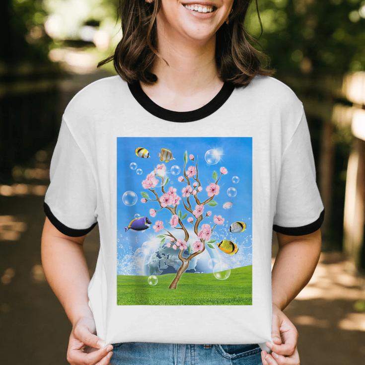 Frutiger Aero Aesthetic Tech Cherry Blossom Fishes Bubbles Unisex Cotton Ringer T-Shirt