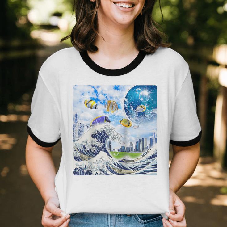 Frutiger Aero Aesthetic Tech Great Wave Of Kanagawa Fishes Raglan Baseball Tee Unisex Cotton Ringer T-Shirt Frutiger Aero Aesthetic Tech Great Wave Of Kanagawa Fishes Raglan Baseball Tee Unisex Cotton Ringer T-Shirt