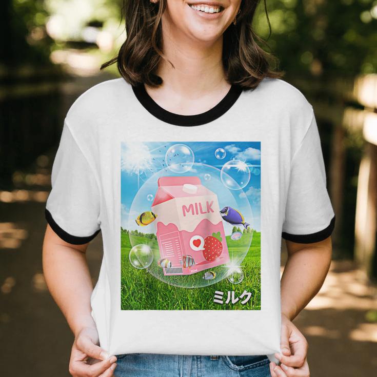 Frutiger Aero Aesthetic Tech Kawaii Strawberry Milk Fishes Raglan Baseball Tee Unisex Cotton Ringer T-Shirt Frutiger Aero Aesthetic Tech Kawaii Strawberry Milk Fishes Raglan Baseball Tee Unisex Cotton Ringer T-Shirt