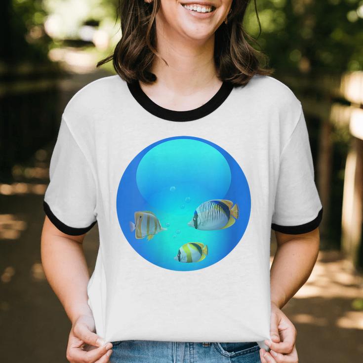Frutiger Aero Aesthetic Tech Orb Fishes Unisex Cotton Ringer T-Shirt