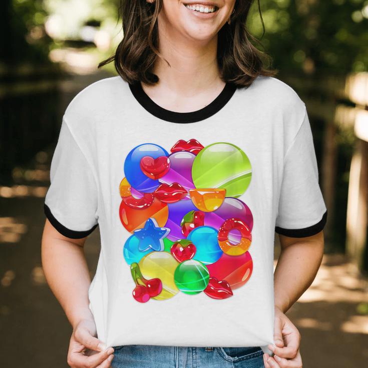 Frutiger Aero Aesthetic Tech Orb Pattern Heart Cherry Lips Unisex Cotton Ringer T-Shirt