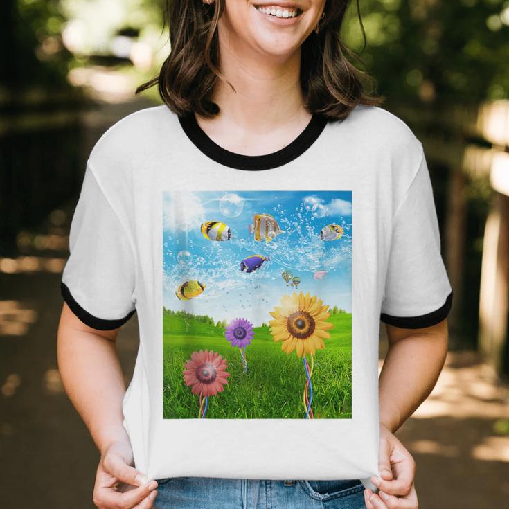 Frutiger Aero Aesthetic Tech Scenery Fishes Sunflower Unisex Cotton Ringer T-Shirt Frutiger Aero Aesthetic Tech Scenery Fishes Sunflower Unisex Cotton Ringer T-Shirt