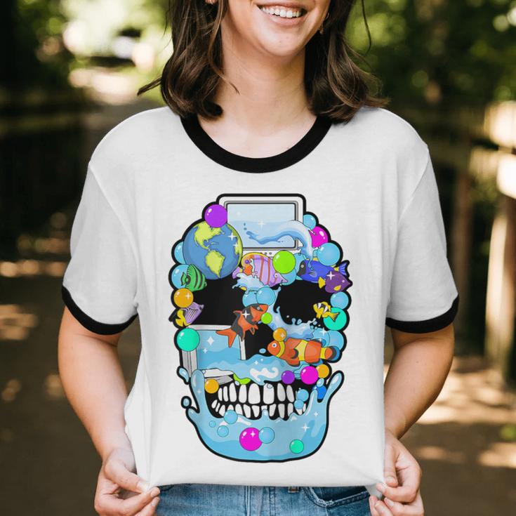 Frutiger Aero Aesthetic Tech Skull Computer Fishes Raglan Baseball Tee Unisex Cotton Ringer T-Shirt