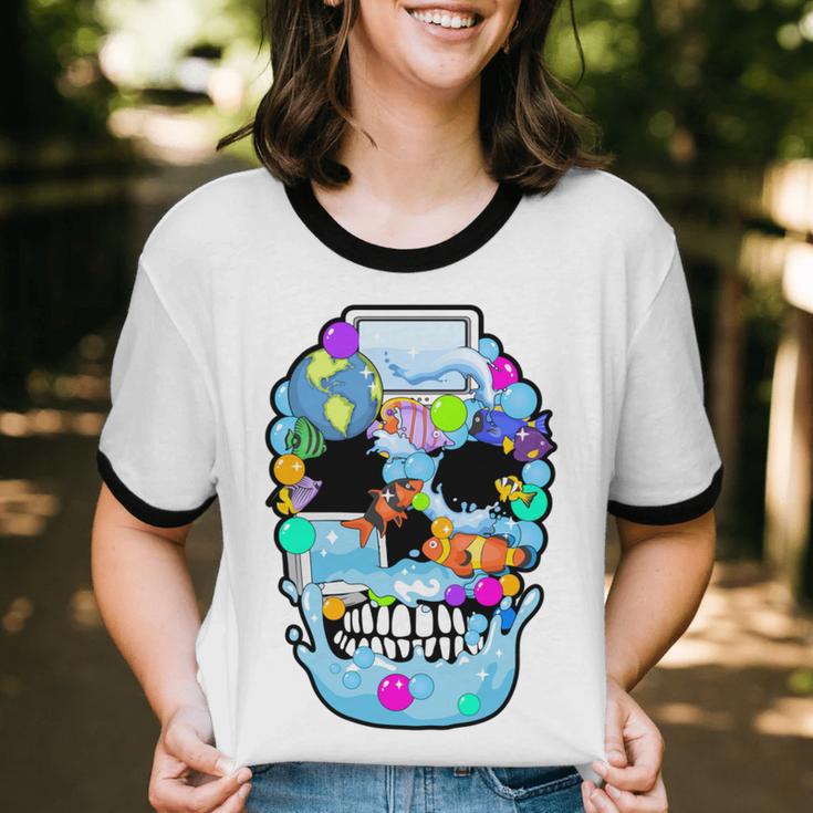 Frutiger Aero Aesthetic Tech Skull Computer Fishes Unisex Cotton Ringer T-Shirt