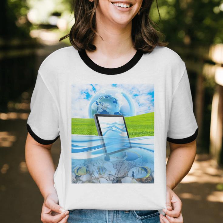 Frutiger Aero Aesthetic Tech Water Fishes Monitor Screen Raglan Baseball Tee Unisex Cotton Ringer T-Shirt Frutiger Aero Aesthetic Tech Water Fishes Monitor Screen Raglan Baseball Tee Unisex Cotton Ringer T-Shirt