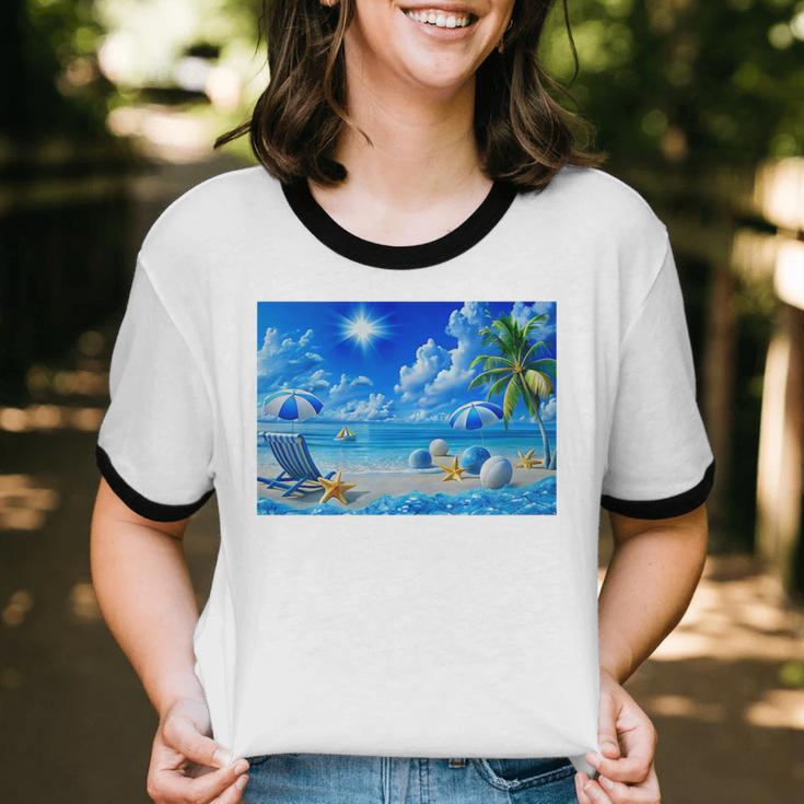 Frutiger Aero Beach Y2k Aesthetic Palm Tree Sand Ocean Premium Unisex Cotton Ringer T-Shirt