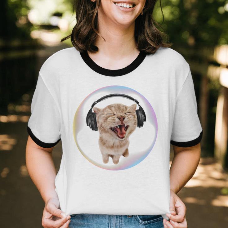 Frutiger Aero Cat Wearing Headphones Bubble 2000s Gen-Z Meme Unisex Cotton Ringer T-Shirt Frutiger Aero Cat Wearing Headphones Bubble 2000s Gen-Z Meme Unisex Cotton Ringer T-Shirt