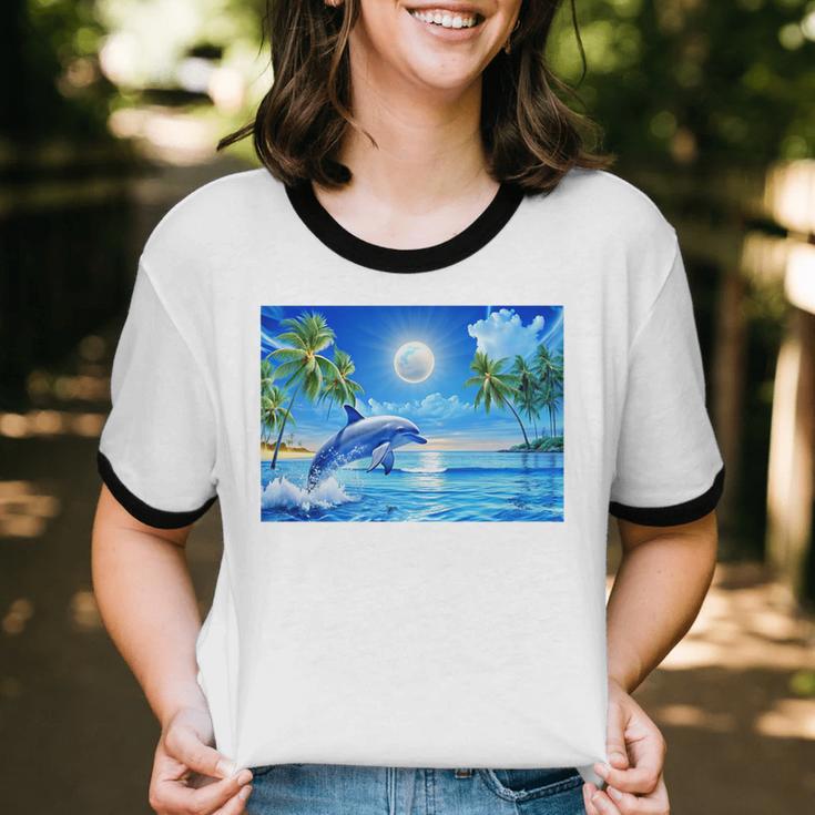 Frutiger Aero Dolphin Sunset Ocean With Palm Trees Y2k Premium Unisex Cotton Ringer T-Shirt Frutiger Aero Dolphin Sunset Ocean With Palm Trees Y2k Premium Unisex Cotton Ringer T-Shirt