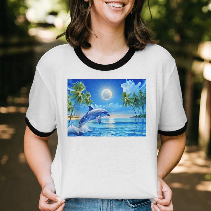 Frutiger Aero Dolphin Sunset Ocean With Palm Trees Y2k Unisex Cotton Ringer T-Shirt Frutiger Aero Dolphin Sunset Ocean With Palm Trees Y2k Unisex Cotton Ringer T-Shirt