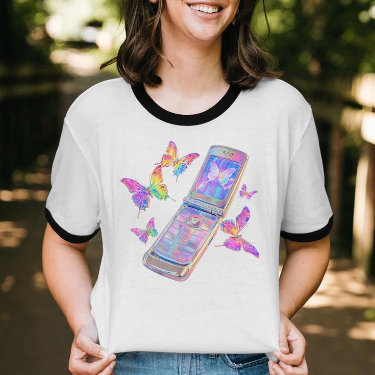 Frutiger Aero Y2K Chrome Phone Butterfly Unisex Cotton Ringer T-Shirt