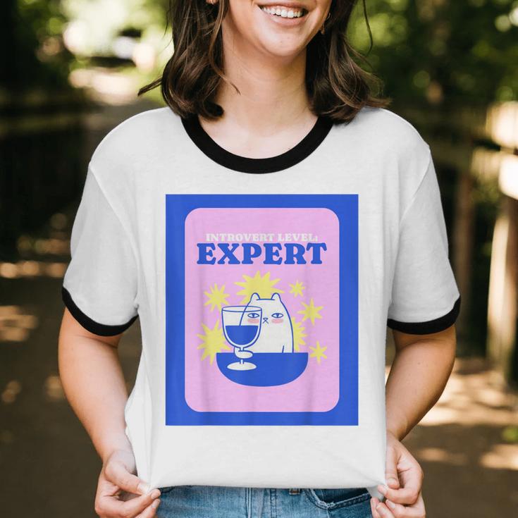 Fun Cute Introvert Cat Character With Wine Unisex Cotton Ringer T-Shirt