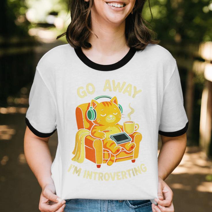 Go Away I'm Introverting Cat Coffee Headphones Unisex Cotton Ringer T-Shirt Go Away I'm Introverting Cat Coffee Headphones Unisex Cotton Ringer T-Shirt