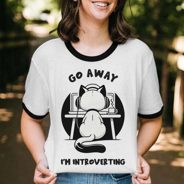 Go Away I'm Introverting Cat With Coffee Unisex Cotton Ringer T-Shirt