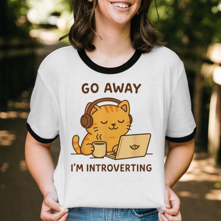 Go Away I'm Introverting Cozy Cat With Laptop And Coffee Unisex Cotton Ringer T-Shirt Go Away I'm Introverting Cozy Cat With Laptop And Coffee Unisex Cotton Ringer T-Shirt
