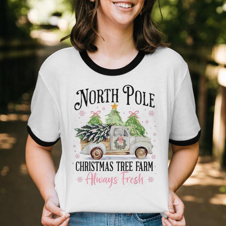 Holiday Scene Nostalgia North Pole Tree Farm Merry Christmas Unisex Cotton Ringer T-Shirt