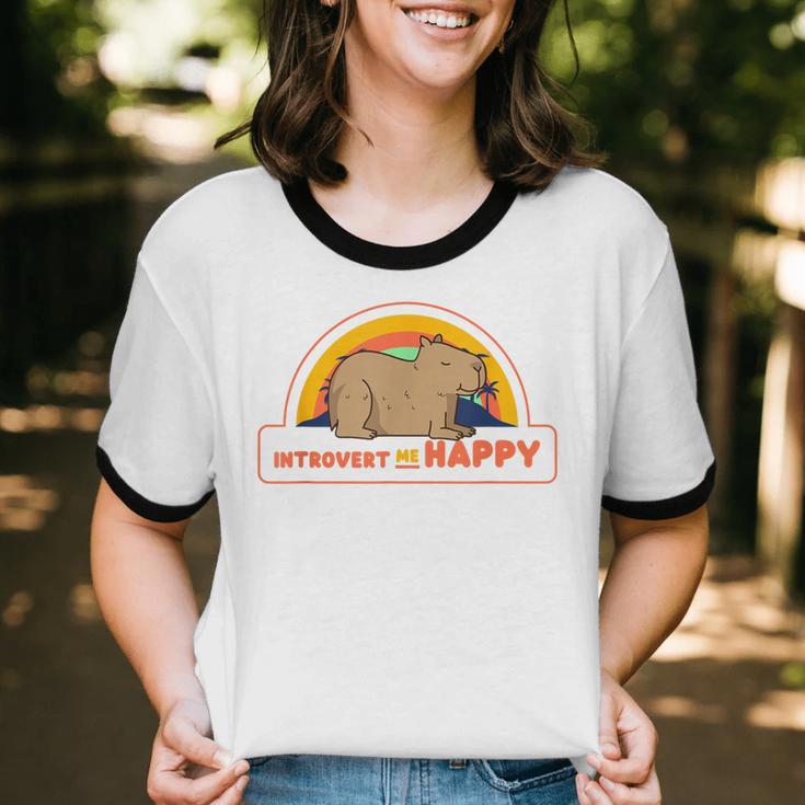 Introvert Me Happy Retro Sunset Capybara Tee Unisex Cotton Ringer T-Shirt