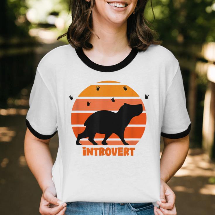 Introvert Retro Sunset Capybara Tee Unisex Cotton Ringer T-Shirt