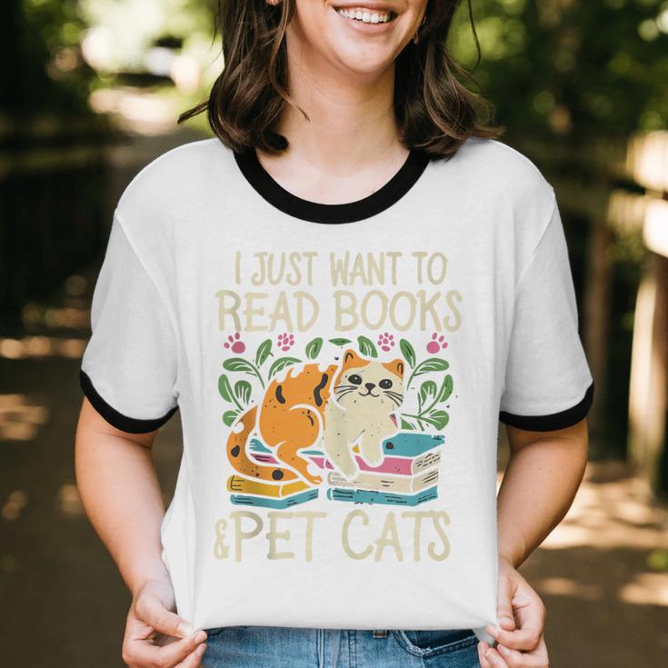 I Just Want To Read Books And Pet Cats Introvert Unisex Cotton Ringer T-Shirt