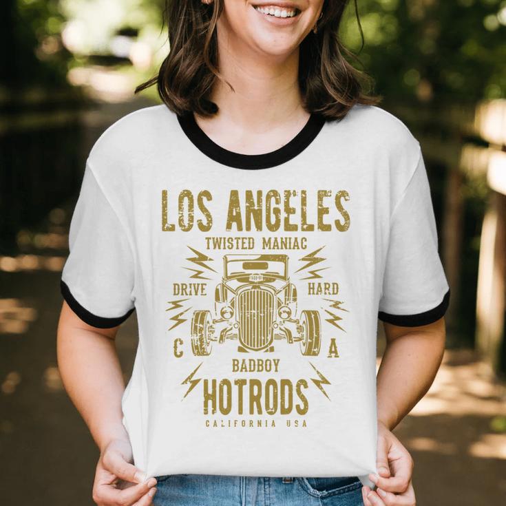 Los Angeles Hotrods Automotive Nostalgia Distressed Unisex Cotton Ringer T-Shirt Los Angeles Hotrods Automotive Nostalgia Distressed Unisex Cotton Ringer T-Shirt