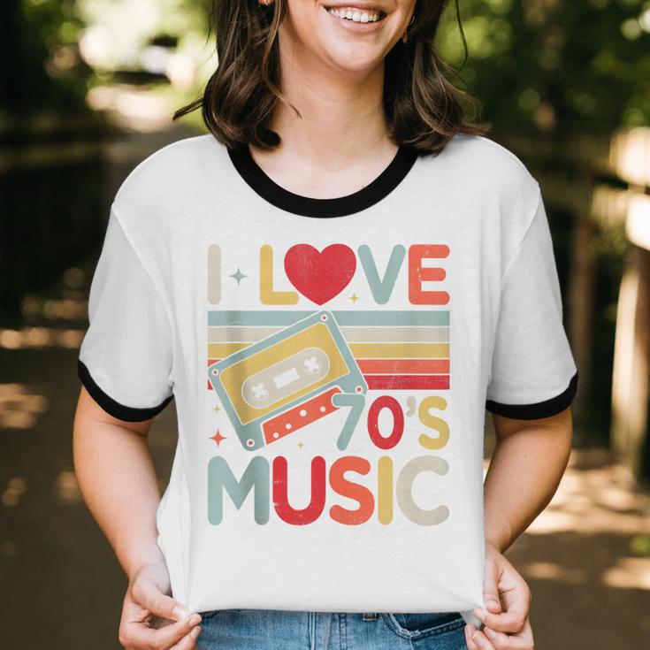 I Love 70's Music Retro Style Nostalgia Cassette 1970s Party Unisex Cotton Ringer T-Shirt