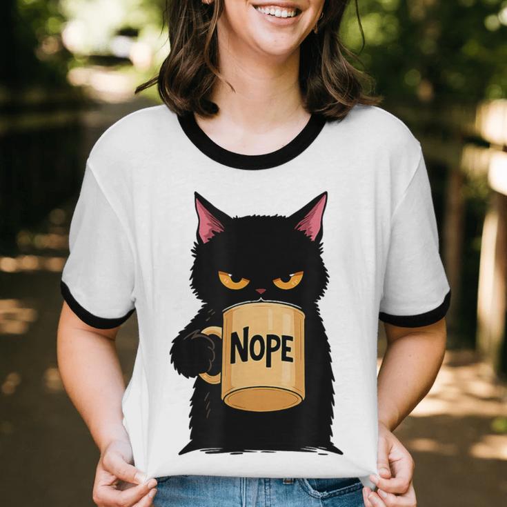 Nope Coffee Cat – Introvert Humor Monday Kitty Unisex Cotton Ringer T-Shirt