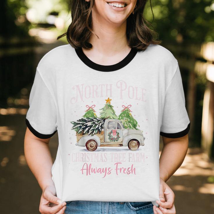 North Pole Tree Farm Merry Christmas Holiday Scene Nostalgia Unisex Cotton Ringer T-Shirt
