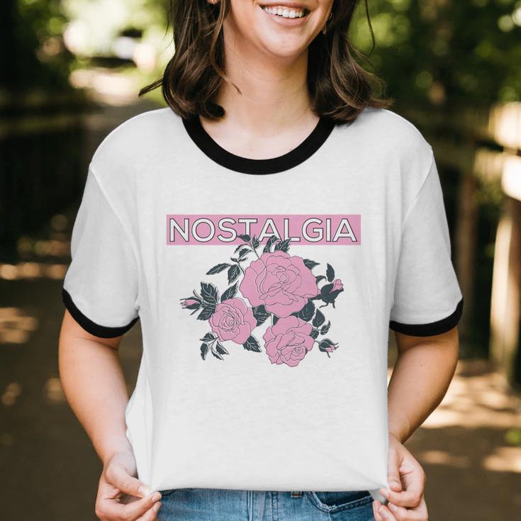 Nostalgia 80s 90s Retro Style Graphics Rose Pink Flower Unisex Cotton Ringer T-Shirt