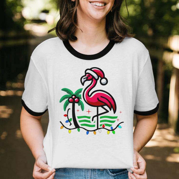 Nostalgia Holiday Tees -Adult Christmas Flamingo Small Short Sleeve Crew Neck Cotton Polyester Lightweight Ribbed Cuff Winter Unisex Cotton Ringer T-Shirt
