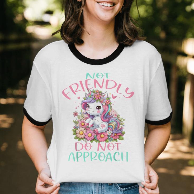 Not Friendly Do Not Approach Women & Girls Unicorn Cute Introvert & Humor Lovers For Women V-Neck Classic Fit Modern Short Sleeve Unisex Cotton Ringer T-Shirt