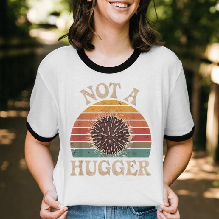Not A Hugger Retro Sea Urchin Sarcastic Introvert Unisex Cotton Ringer T-Shirt