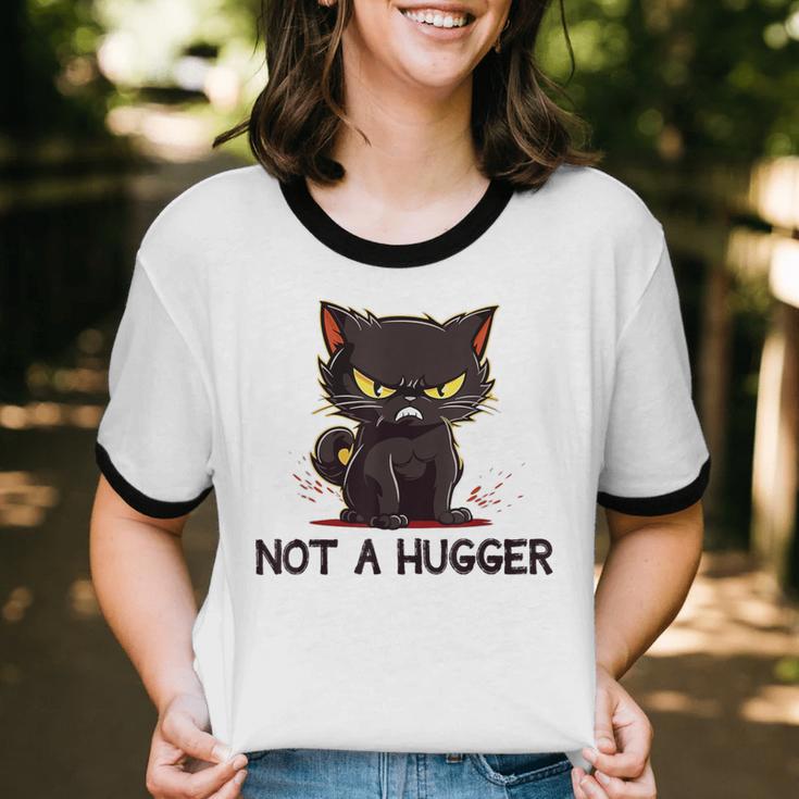Not A Hugger Tee Angry Cat Sarcastic Cute Introvert Unisex Cotton Ringer T-Shirt