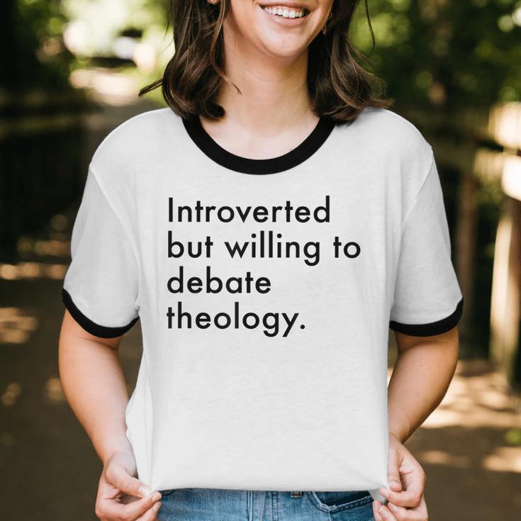 Theology Introvert Christian Conversation Starters Unisex Cotton Ringer T-Shirt Theology Introvert Christian Conversation Starters Unisex Cotton Ringer T-Shirt