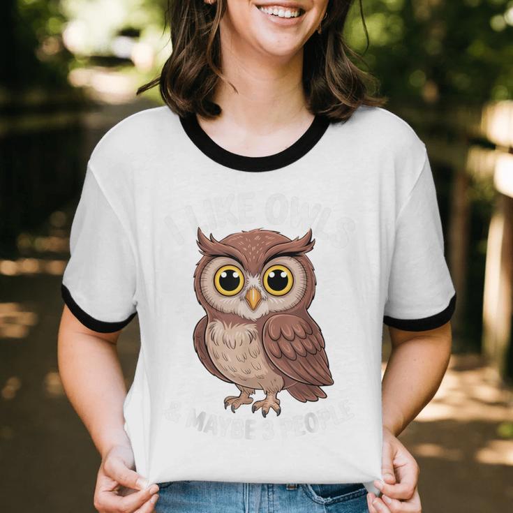 I Like Owls And Maybe 3 People Introvert Humor Casual Unisex Cotton Ringer T-Shirt