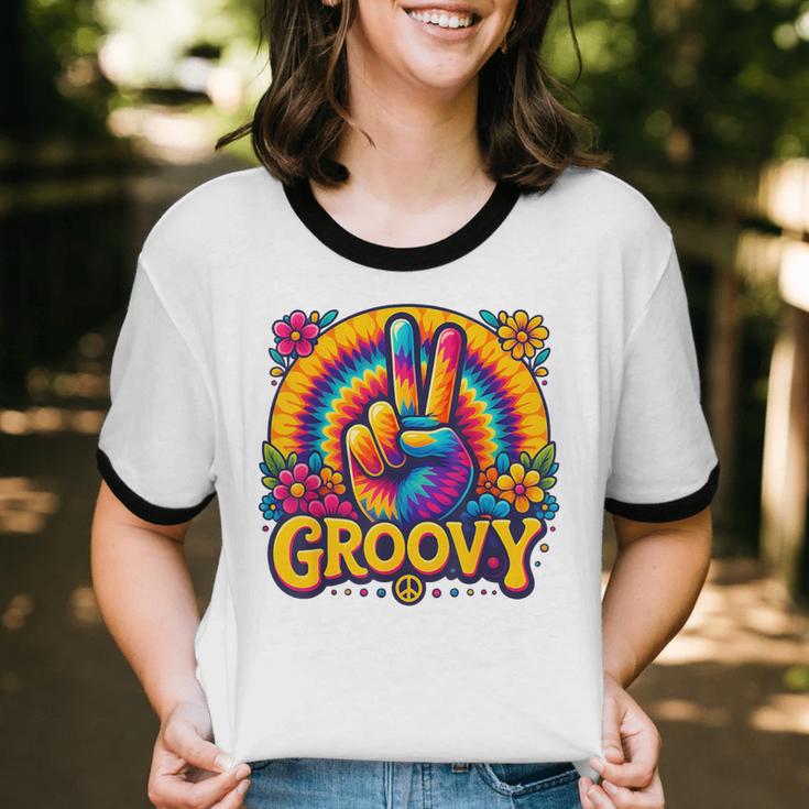 Peace Sign Groovy Vibes Costume Nostalgia Tie Dye Fashion Unisex Cotton Ringer T-Shirt