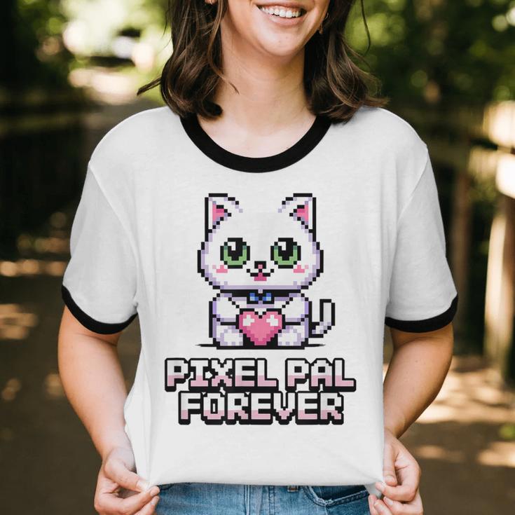 Pixel Art Pet Cat Y2K Retro Vintage Digital Nostalgia Tech Unisex Cotton Ringer T-Shirt