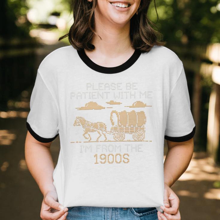 Please Be Patient I'm From The 1900s Retro Pixel Horse Wagon Premium Unisex Cotton Ringer T-Shirt