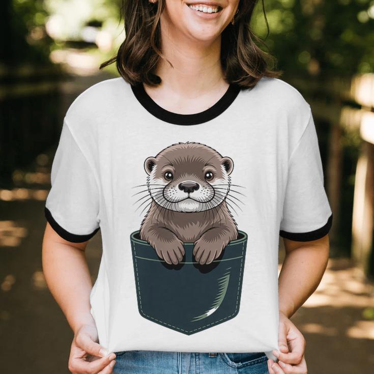 Pocket Otter Lover Introvert Cute Animal Fun Surprise Unisex Cotton Ringer T-Shirt