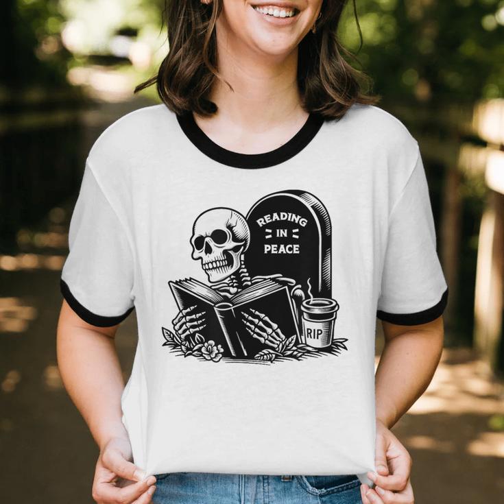 READING IN PEACE RIP Introvert Skeleton Read Book Meme Unisex Cotton Ringer T-Shirt READING IN PEACE RIP Introvert Skeleton Read Book Meme Unisex Cotton Ringer T-Shirt