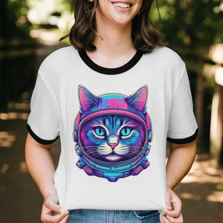 Retro 80s Cat In Space Suit Nostalgia Cat Vintage Astronaut Unisex Cotton Ringer T-Shirt