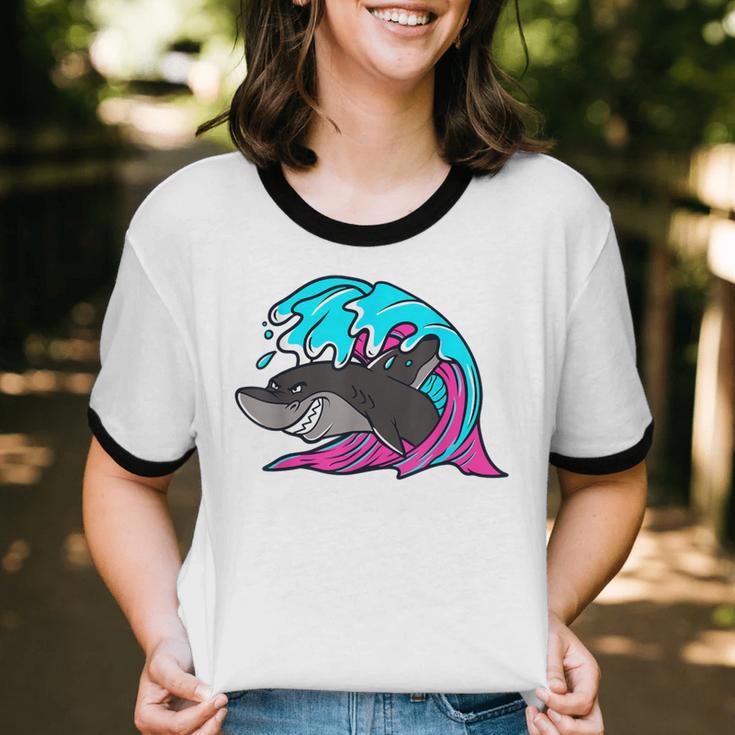Retro 80s Shark Whale Diving Nostalgia Shark Party Unisex Cotton Ringer T-Shirt