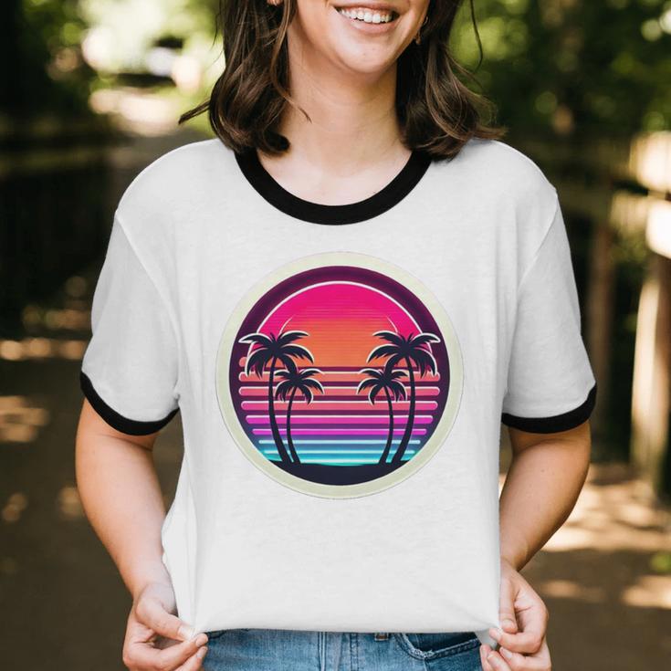 Retro 80s Synthwave Sunset & Palm Trees Retro Nostalgia 80s Unisex Cotton Ringer T-Shirt